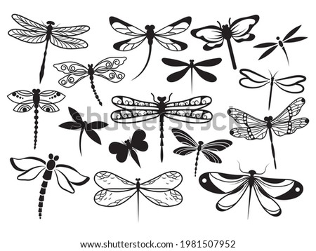 Set of stylized dragonflies. Collection of linear flying dragonflies. Vector illustration of on a white background.