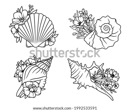 Set of flower seashells. Сollection of shells with flower wreath. Beach. Summer shell. Vector illustration of design for print. Drawing for children.