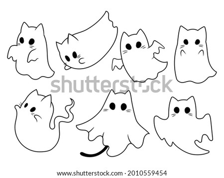 Set of cute ghost cats. Collection of cute flying kittens spirit. Halloween pets. Boo. Cartoon spooky baby character. Vector illustration for greeting card. 