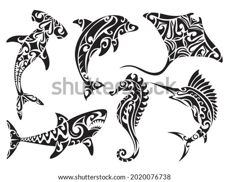 Set of tribal ocean fish. Collection of ethnic tropical ocean underwater animals shark, sea horse. Polynesian marine inhabitants. Tattoo. Vector illustration of Hawaiian fish on a white background.