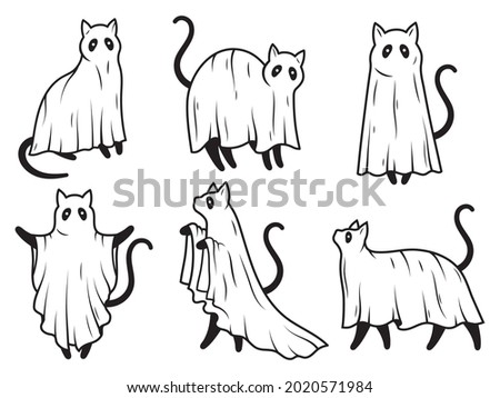 Set of cute ghost cats. Collection of cute flying kittens spirit. Halloween pets. Boo. Cartoon spooky baby character. Vector illustration for greeting card. 