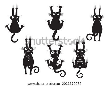 Set of black cats scratching the wall. Collection of silhouettes of funny kitten climbing the wall. Set of peeking cat. Vector illustration of a pet for kids. Tattoo.