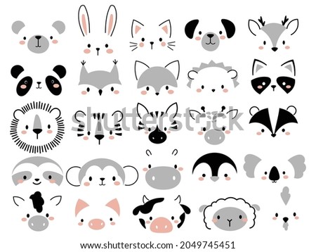 Set of cute animal faces. Collection of animal portraits cartoon style penguin, deer, hare, bear, squirrel, etc. Vector illustration white background. Design of kids clothing. Tattoo.