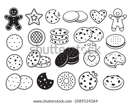Set of cute cookies. Сollection of various crackers, snacks, chocolate chip cookies, etc. Festive baked goods. Vector illustration of delicious food on a white background.