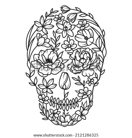 Set of skulls with flowers. Collection of human skull portrait with floral wreath. Vector illustration isolated on white background.