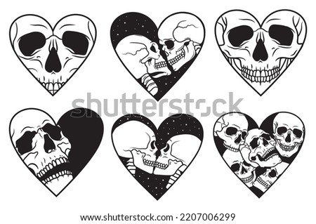 Set of valentine's skull head in heart. Collection of vintage wedding couple skull. Death love. Vector illustration on white background.