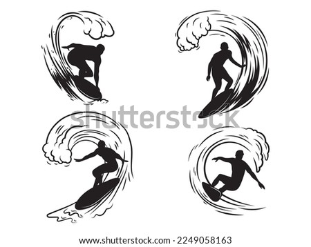 Set of man surfers. Collection of people standing at the blackboard for surfing. Activity lifestyle. Extreme water leisure. Surfer in ocean waves. Vector Illustration of summer sport.