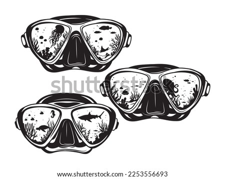 Set of underwater masks with an underwater scene. Collection of scuba googles with diver scene. Vector illustration of white background.