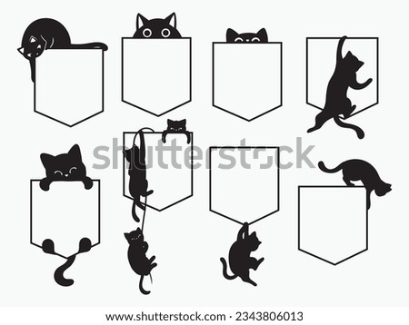 Set of silhouette pocket cat. Collection of playful cats peeking out of a pocket. Design for t-shirt. Kawaii kitties. Funny animals. Vector illustration on white background.