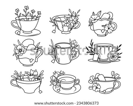 Set of cups of tea with flowers. Collection of porcelain flower cups filled with tea or coffee. Tea time. Flower dishes for a greeting card. Vector illustration cups on saucer  for store. Line art.