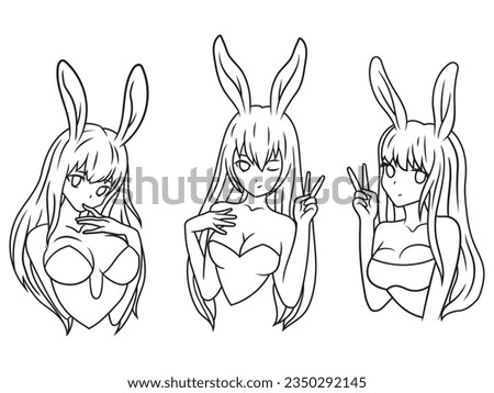 Set of anime girls with rabbit ears. Collection of funny cartoon girls wearing bunny ears. Kawaii character. Pretty animal costume. Fashion. Vector illustration on white background.