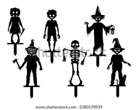 Set of Halloween garden signs in the ground. Collection of horror silhouettes figure with zombies, ghosts and scarecrow for home plant. Terrifying design. Vector illustration for invitation design.