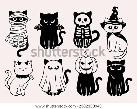 Set of funny halloween cat. Collection of kittens in costumes vampire costume, mummy animal, witch cat, kitty on pumpkin. Ghost pet. Holidays monster. Vector illustration of happy halloween animal.