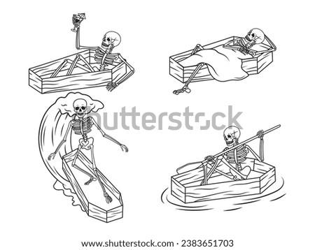 Set of skeletons in a coffin. Collection of skeleton relaxiing with a cocktail, sleeping, surfiit on in a coffin. Halloween design. Funny skull. Vector illustration for t-shirt print.