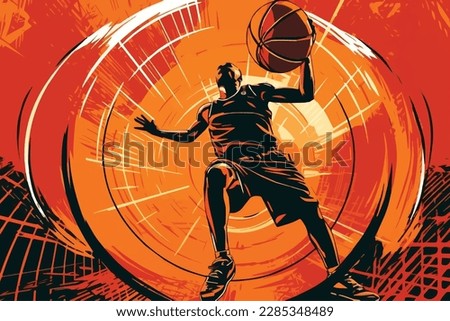illustration of a basketball player holding a ball with beautiful orange background for banner, web design, vector