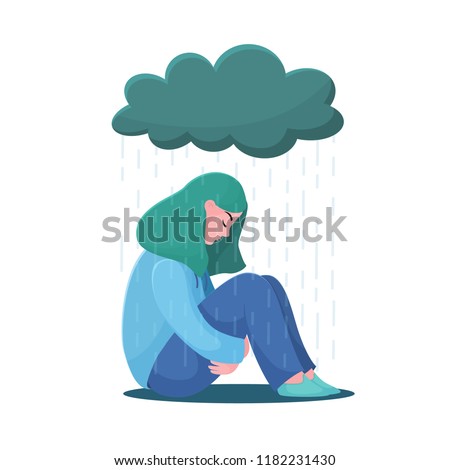 Sad, unhappy teenage girl, young woman sitting under rain, depression concept, flat vector illustration isolated on white background. Depressed, unhappy girl, woman sitting under rain cloud Stock fotó © 