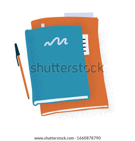 Large notebook, standard planner, reading book and pen, writing therapy, morning pages, daily reports concept, flat cartoon vector illustration isolated on white background. Book, notebook and pen