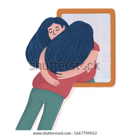 Woman hugging with her own reflection in the mirror, self-acceptance, self care concept, flat style raster illustration. Young woman hugging, embracing her reflection, metaphor of unconditional self a 商業照片 © 