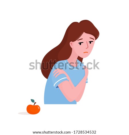 Young pretty girl, woman looking frightened at apple, hugging, embracing herself in dismay, eating disorder, anorexia concept, flat cartoon vector illustration isolated on white background Foto d'archivio © 