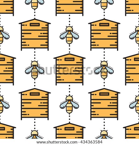 Thin line bee and beehive seamless pattern, vector illustration. Beehive, beekeeping, beeline seamless pattern. Apiary background