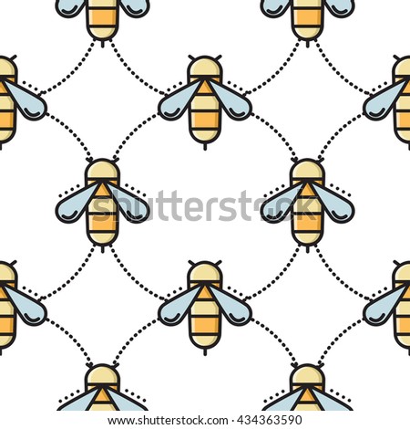 Thin line bee and beeline seamless pattern, vector illustration. Bee, beekeeping, beeline seamless pattern, apiary background