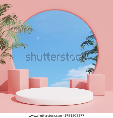 3d render, abstract geometric shape pastel pink , summer scene minimal design, product display,  Pink Interior Background with sky and summer plant