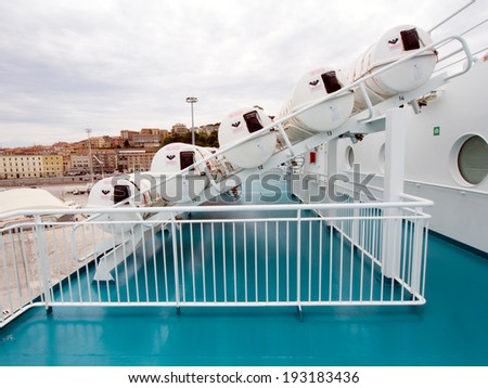 ANCONA,ITALY-MAY 07 2014 :Emergency equipment on a ferry that sails From Italy to Greece