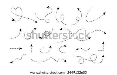 Set of vector dotted arrows. design elements. Hand draw doted line vector icons set, Clean dot style hand drawn doodle arrows.