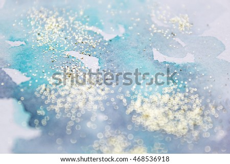 Abstract watercolor glittery background. Dreamy, blurred, magical backdrop. Elegant, feminine, soft light, golden abstraction.