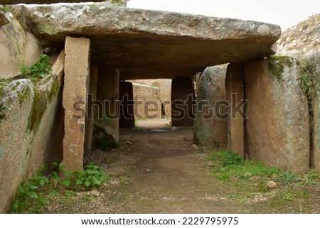 Frontal view of the gallery of the Dolmen de Lacara. Megalithic complex of Badajoz, belonging to the megalithism of Extremadura, Spain 商業照片 © 