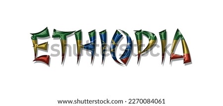 ETHIOPIA flag text font, symbol background, flag ribbon typography lettering logo label banner, 3D colorful background, vector illustration