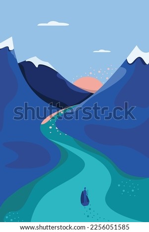 Vertical poster with one person in canoe on a mountain river. Sunrise in a mountains.