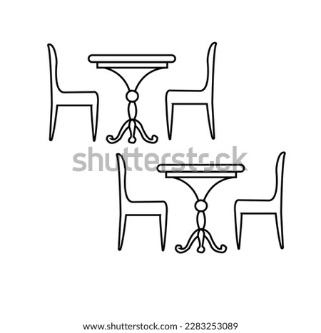 Table and chairs. Outline icon with editable stroke. Linear symbol of the furniture and interior with . one line drawing of armchair and table with vase with plant. Scandinavian .