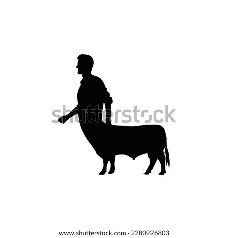 Hand drawn vector illustration.Portrait of a cow in a man's knitted sweater with patterns in the form of little men.Portrait of an doberman dressed in a warm man's sweater with a pattern in the form