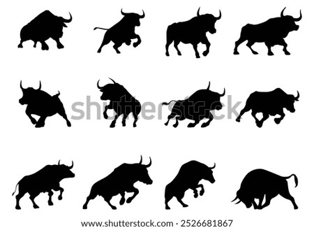 Bull silhouettes set—stylized silhouettes of standing in different poses and butting up bulls.