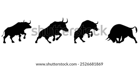 Bull silhouettes set—stylized silhouettes of standing in different poses and butting up bulls.