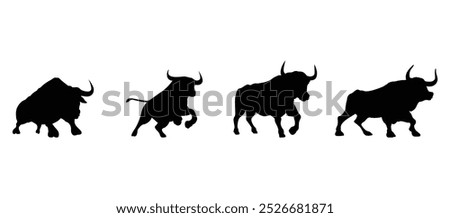 Bull silhouettes set—stylized silhouettes of standing in different poses and butting up bulls.