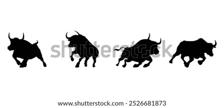 Bull silhouettes set—stylized silhouettes of standing in different poses and butting up bulls.