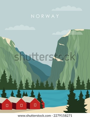 Travel poster. Norway fjords, traditional houses, forest, Scandinavian style. Design for posters, banners, postcards, websites.