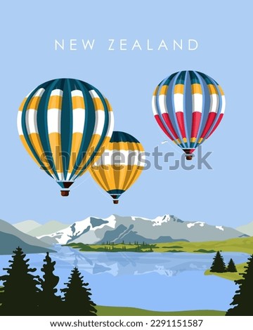 Vector illustration. Travel poster. New Zealand. Balloons. Isolated vector. Travel around the world. Design for posters, banners, postcards.