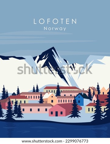 Vector illustration. Lofoten, Norway. Scandinavian fjords. Design for posters, postcards, banners. Isolated vector.