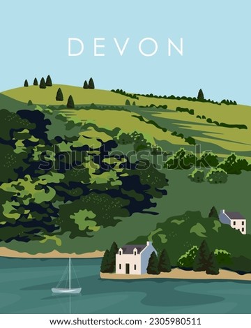 Vector illustration. Devon, England travel poster. Design for travel postcard, banner, poster. Tourism, Europe tour.
