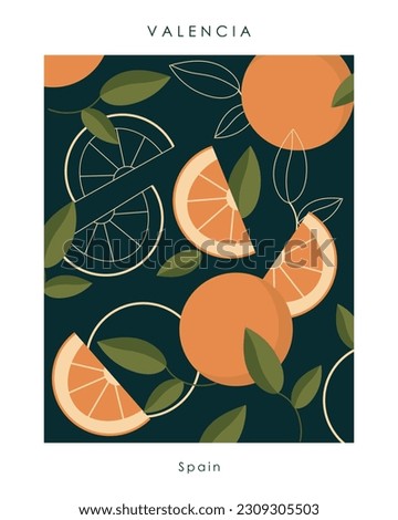 Vector illustration. Valencia, Spain. Design for travel poster, postcard, banner, website. Design for packaging juice, tea. Product design. Oranges, citruses.