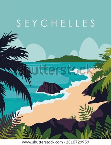 Vector illustration. Tropical island. Seychelles. Design for poster, banner, postcard, cover. Travel poster.