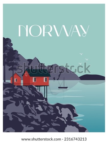 Vector illustration. Norway. Red houses. Scandinavia. Design for posters, banners, postcards. Travel poster.