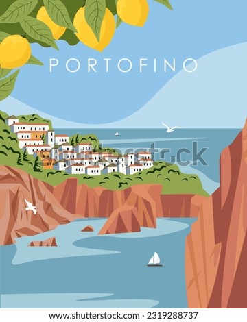 Vector illustration. Portofino, Italy. Travel poster, travel postcard, banner. European tour.