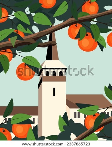 Vector illustration. Spain, Valencia travel poster, travel postcard, banner, package design. Oranges, garden.