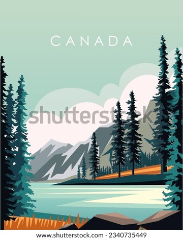 Vector illustration Maligne Lake. Canada, design for travel poster, banner, travel postcard. Design for packaging. Canadian forest.