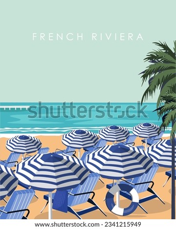 Vector illustration French Riviera travel poster. Sea, resort, beach, design for poster, banner, cover, design for packaging, tourism, travel.