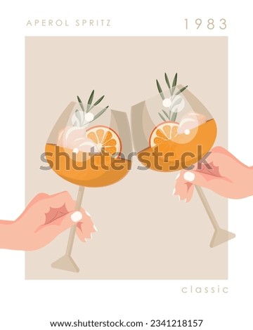 Vector illustration. Aperol, drink, friends, celebration, glasses. Flyer, poster, banner, package design, postcard design.